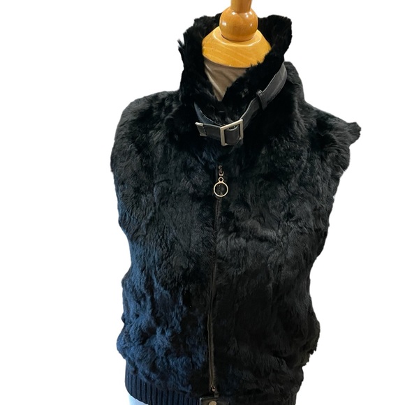 Vintage Eny Women's Black Rabbit Fur and Leather Vest Size Small - Picture 5 of 16